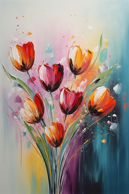 A painting of tulips in a vase.