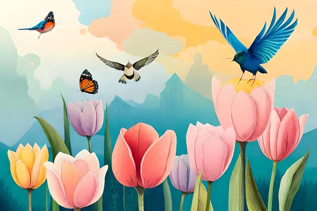 A painting of tulips with a blue bird flying over it.