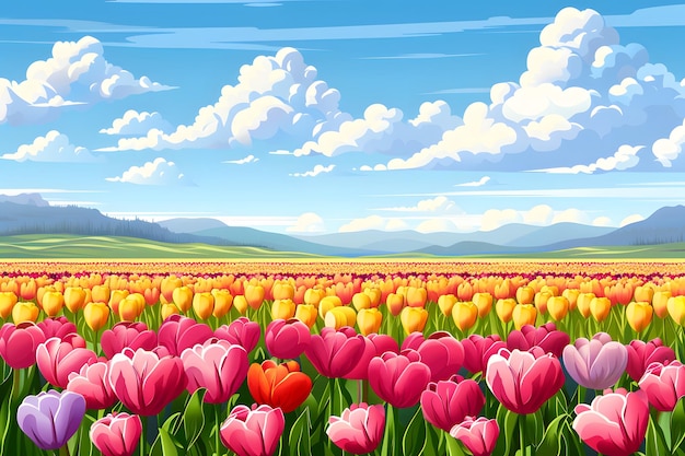 Photo a painting of tulips with a blue sky and clouds