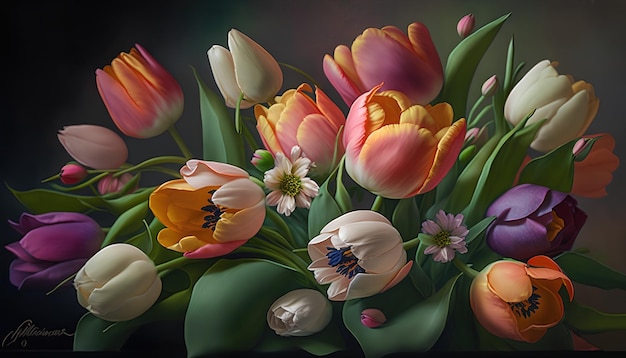 A painting of tulips with pink, orange, and yellow flowers.