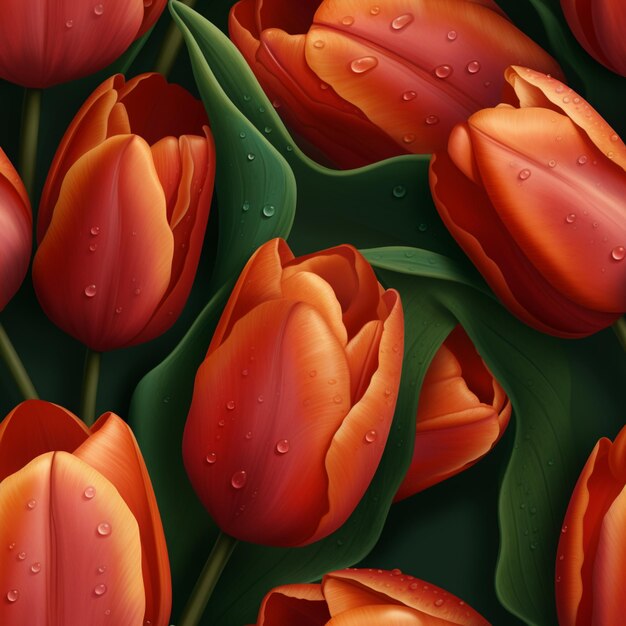 A painting of tulips with water droplets on them