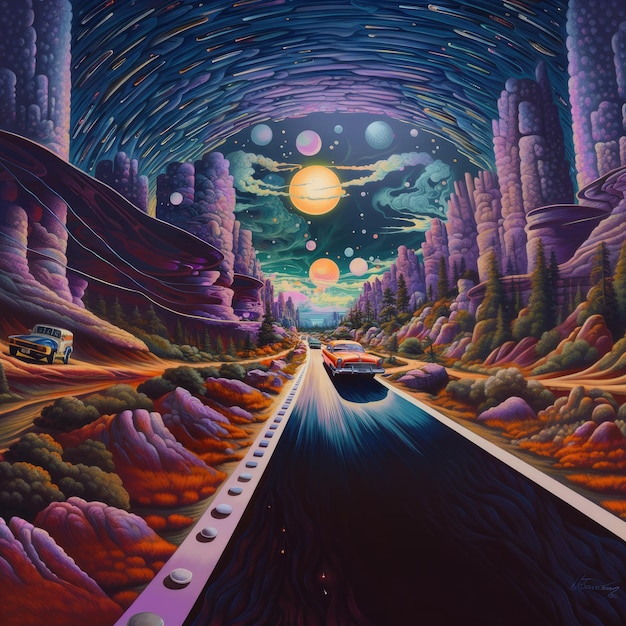 a painting of a tunnel that has a car driving through it.