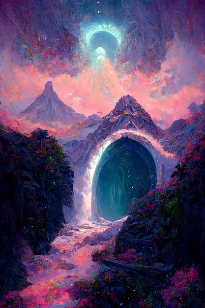 A painting of a tunnel with a mountain in the background.