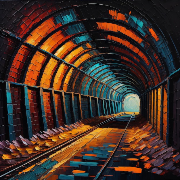 Foto un dipinto di un tunnel con un treno che lo attraversa.