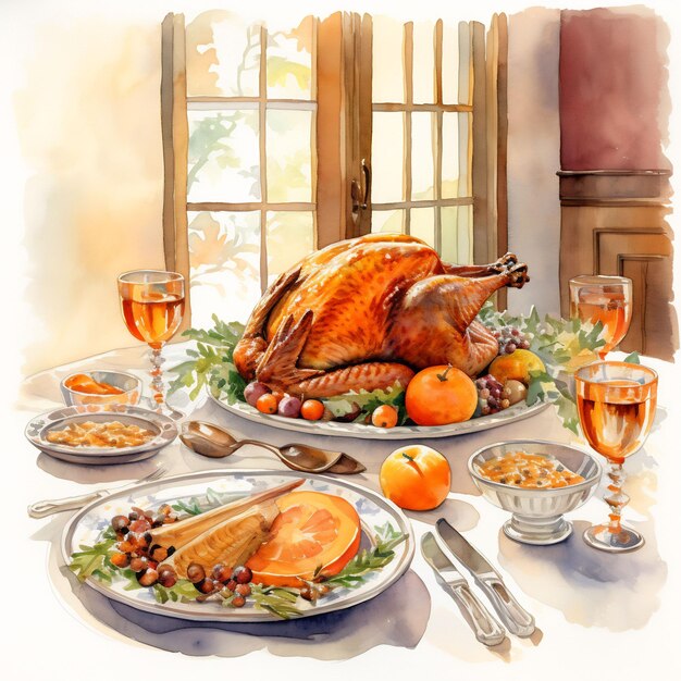 a painting of a turkey and a plate of food on a table