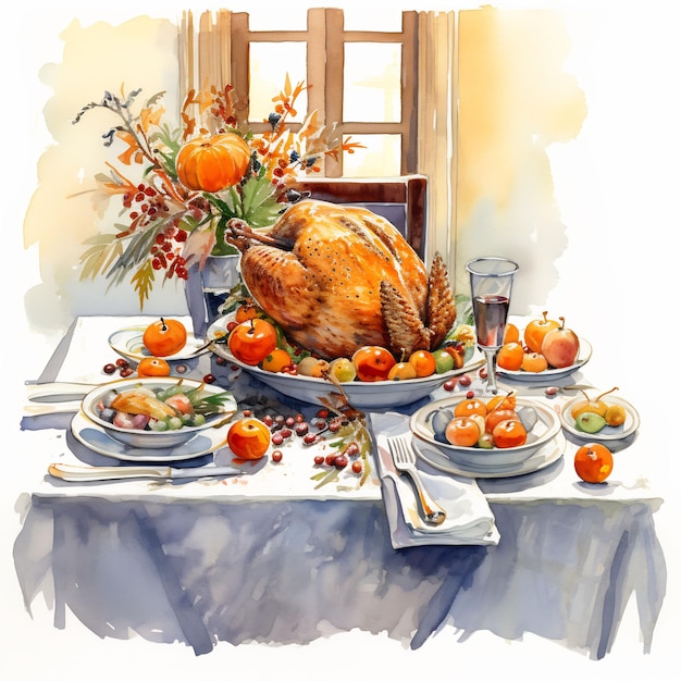 a painting of a turkey and a plate of fruit on a table