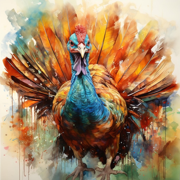 Painting of a turkey with a colorful head and feathers generative ai