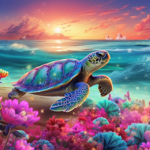 painting of a turtle on the beach with flowers and a sunset generative ai