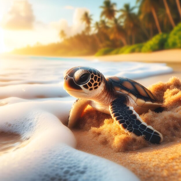 Painting of a turtle on the beach with a sunset in the background