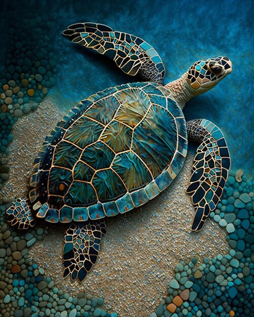 painting of a turtle on a blue background with pebbles generative ai