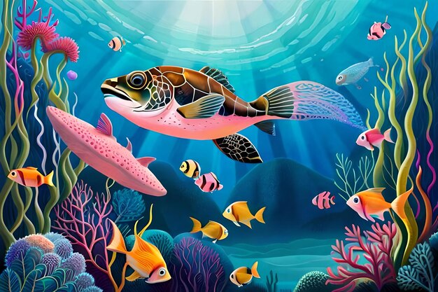 A painting of a turtle and fish