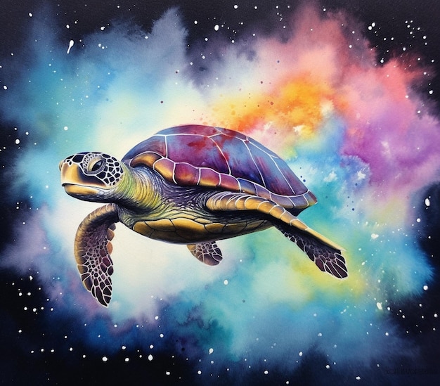 Painting of a turtle in the middle of a colorful galaxy generative ai