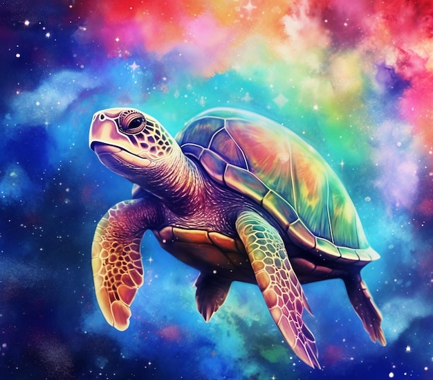 Painting of a turtle in the middle of a galaxy with a colorful background generative ai