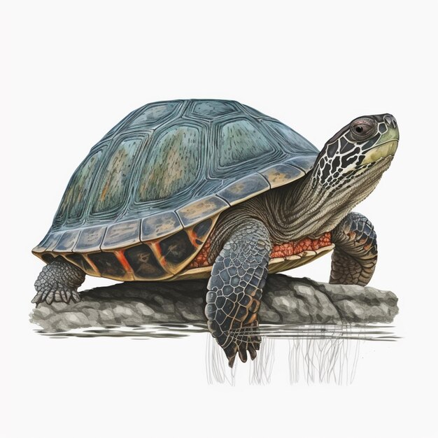 painting of a turtle on a rock with water and grass generative ai