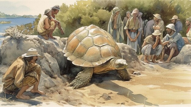 Photo a painting of a turtle in a rocky area with people looking at it.