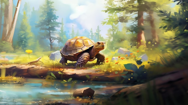 painting of a turtle sitting on a log in a forest generative ai