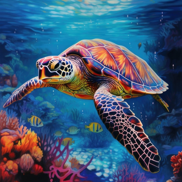 Photo a painting of a turtle swimming in the ocean generative ai image