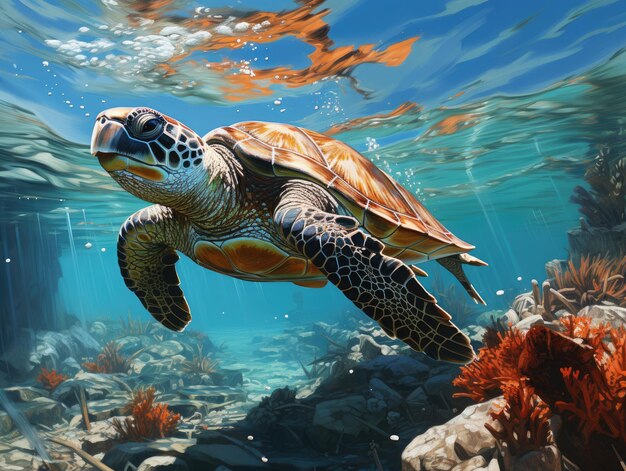 A painting of a turtle swimming in the ocean Generative AI