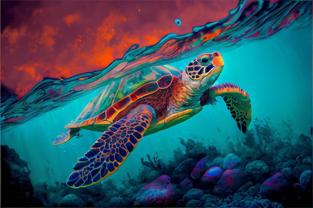 Painting of a turtle swimming in the ocean generative ai