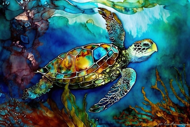 Foto dipinto di una tartaruga che nuota nell'oceano con alghe e coralli generativi ai