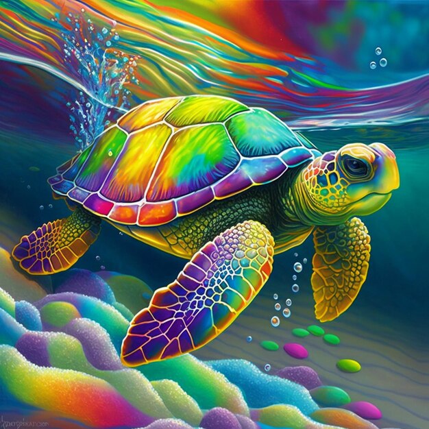 Painting of a turtle swimming in the ocean with colorful waves generative ai