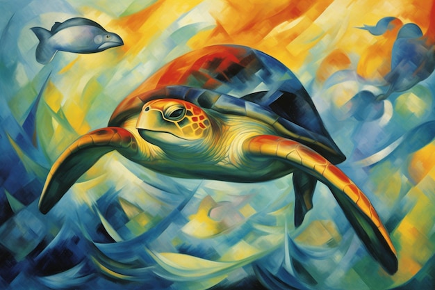 painting of a turtle swimming in the ocean with a fish generative ai