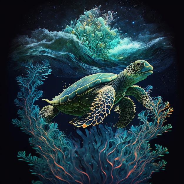 A painting of a turtle swimming under the ocean.