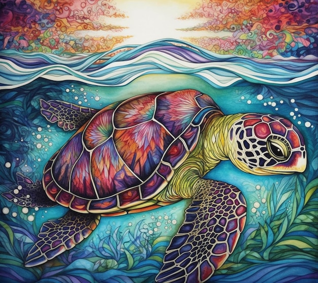 A painting of a turtle swimming in the ocean.