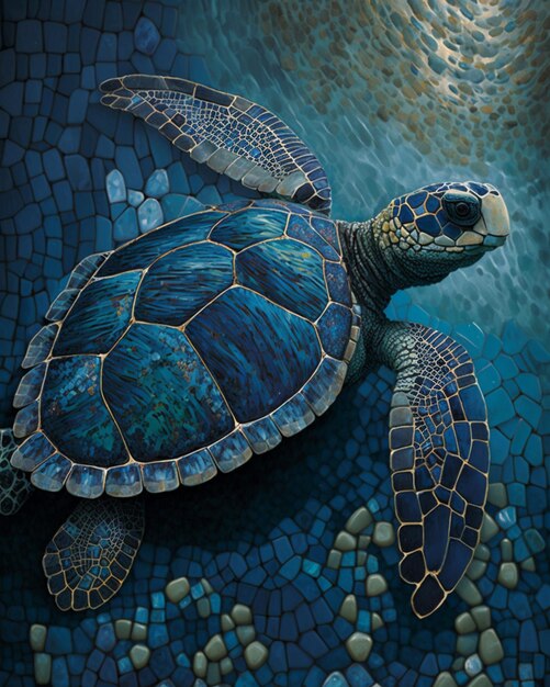 painting of a turtle swimming in a pool with rocks and water generative ai