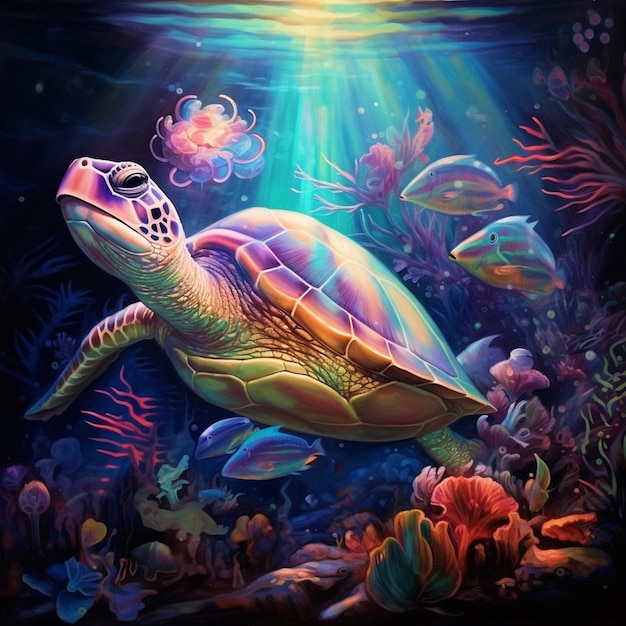 painting of a turtle swimming in a sea with jellyfishs and other fish generative ai