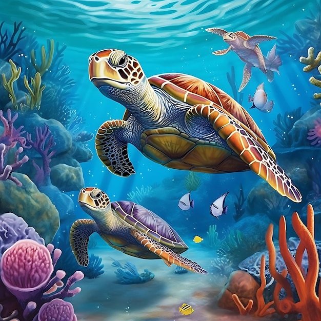 A painting of a turtle swimming next to a turtle