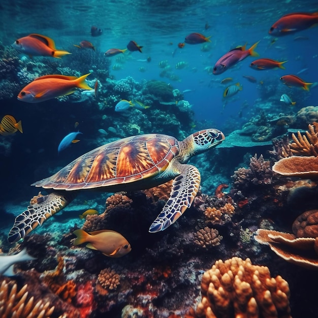 A painting of a turtle and a turtle swimming in a coral reef