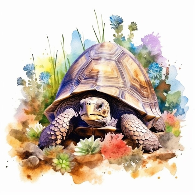 Painting of a turtle in the wild with flowers and grass generative ai