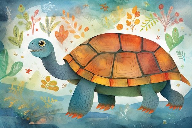 A painting of a turtle with a blue face and orange eyes.