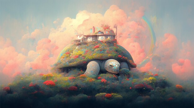 Photo painting of a turtle with a house on top of it generative ai