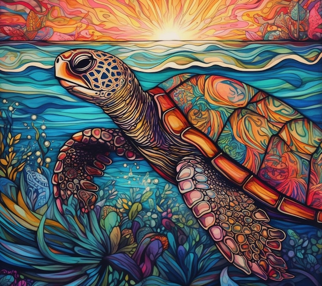 A painting of a turtle with the sun shining on it.