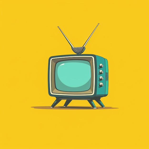 青いトップと黄色い背景のテレビの絵画