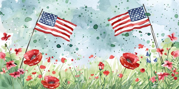 A painting of two American flags in a field of red poppies The flags are in the air and the flowers