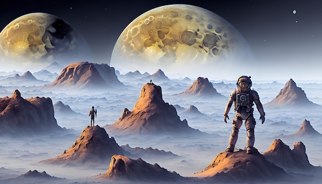 A painting of two astronauts on a planet with a planet in the background