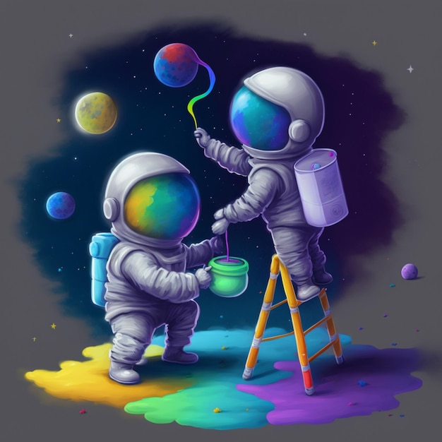 painting of two astronauts in space with a bucket of paint generative ai