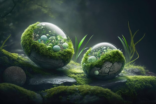 A painting of two balls with moss on them.