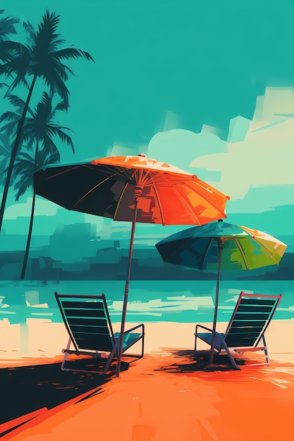 A painting of two beach chairs with an umbrella on the beach.