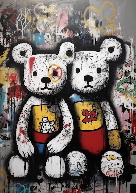 A painting of two bears with one wearing a red heart and the other wearing a yellow shirt.