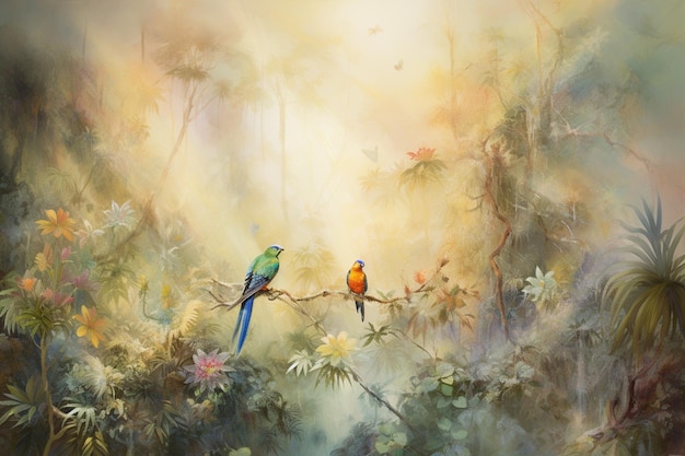 A painting of two birds on a branch with flowers in the background.