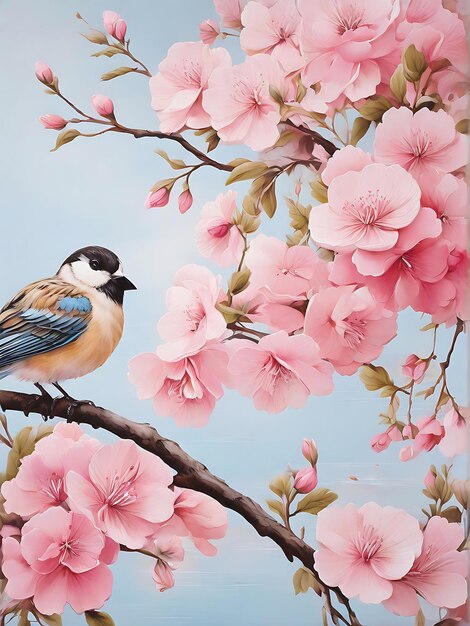 A painting of two birds on a branch with pink flowers