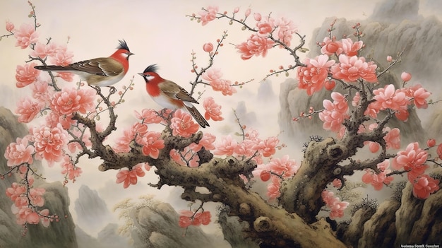 A painting of two birds on a branch with pink flowers.