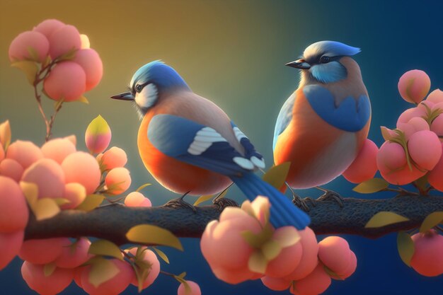 A painting of two birds on a branch with pink flowers.