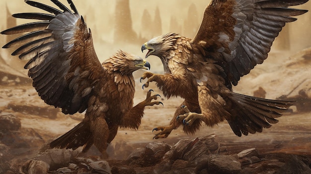 A painting of two birds fighting with one of them.