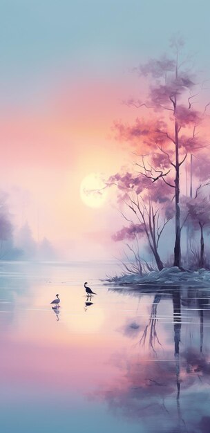 Foto dipinto di due uccelli in un lago con un tramonto sullo sfondo generativo ai