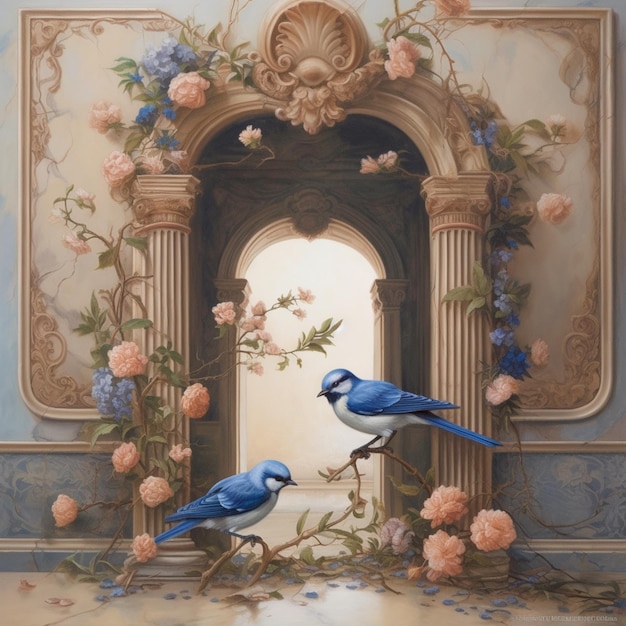 Painting of two birds sitting on a branch in front of a doorway generative ai